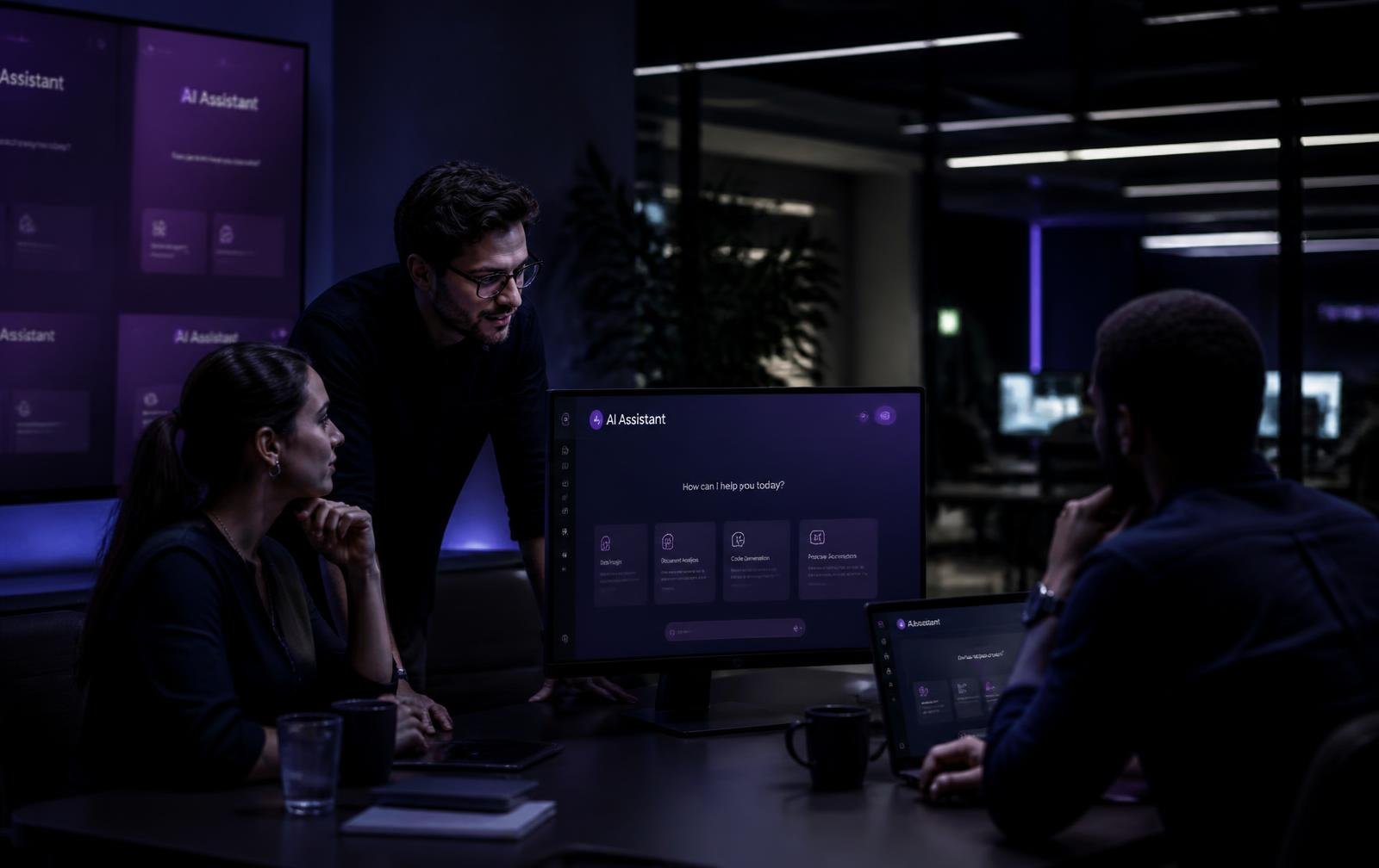 Team working alongside AI assistants in a modern enterprise workspace