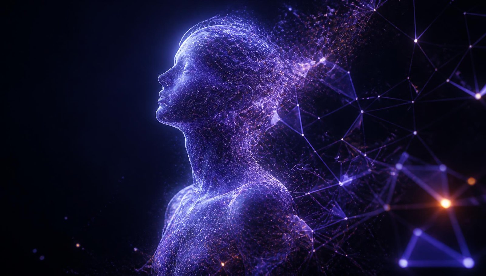 Luminous human silhouette dissolving into a network of light