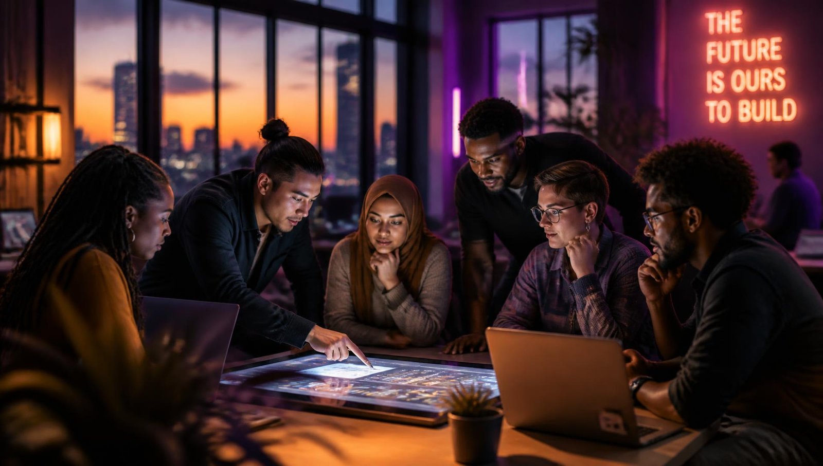 Entrepreneurs, engineers and community leaders collaborating around a lit table at dusk